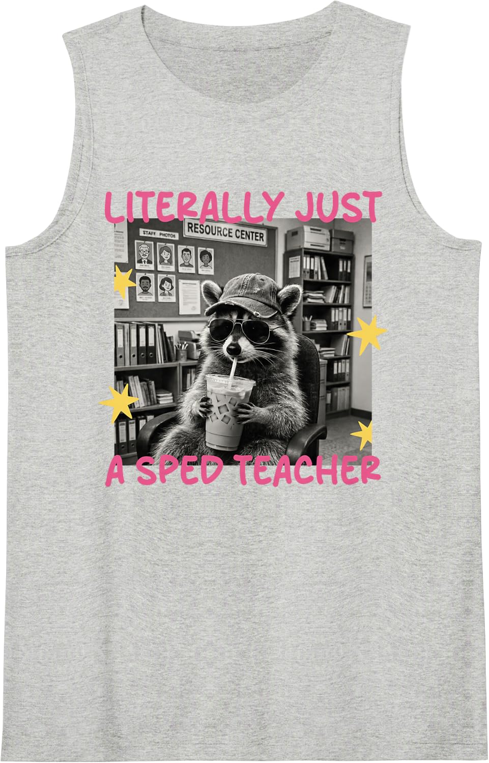 Literally Just A SPED Teacher Cool Raccoon Iced Coffee Lover Sleeveless Tank Top - Heather Grey