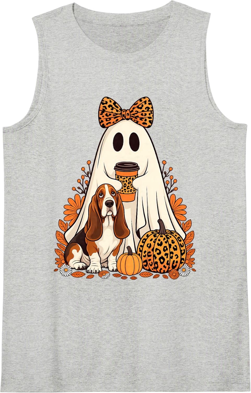 Halloween Ghost Basset Hound Coffee Pumpkin Floral Fall Sleeveless Tank Top - Heather Grey