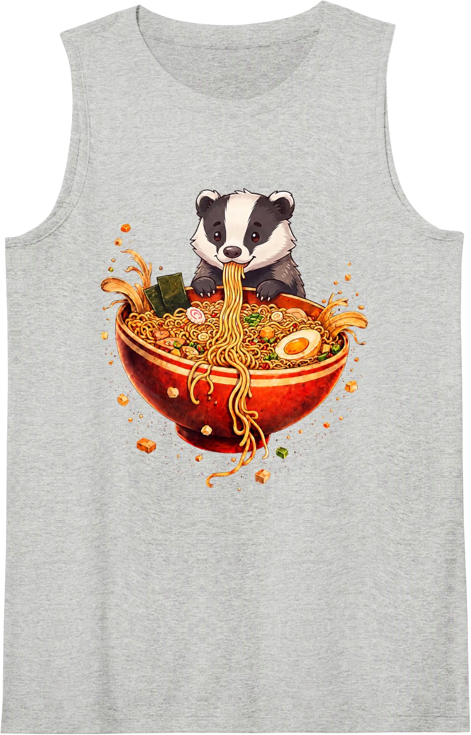 Honey Badger Ramen Japanese Art Anime Graphic Tee Kawaii Sleeveless Tank Top - Heather Grey