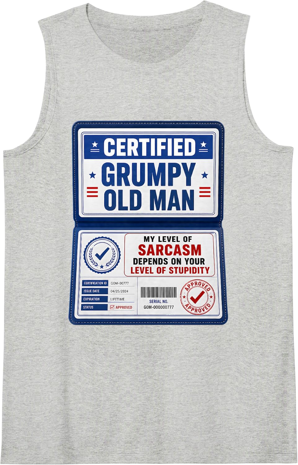 Certified Grumpy Old Man Funny Sarcastic Humor Sleeveless Tank Top - Heather Grey