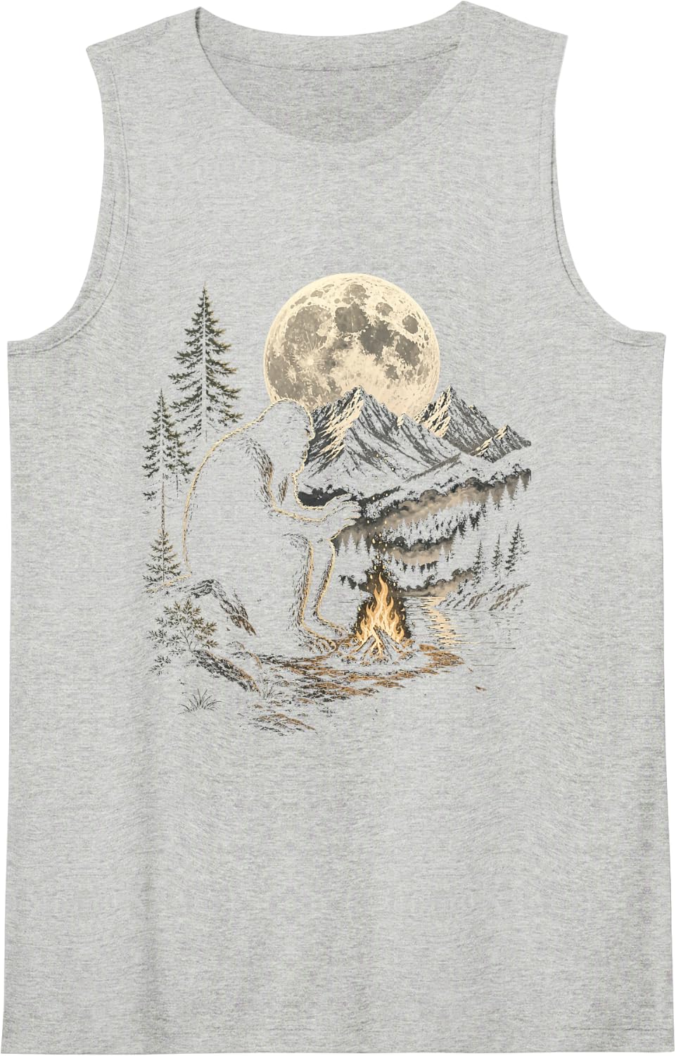 Bigfoot Campfire Silhouette Sasquatch Moon Night Forest Sleeveless Tank Top - Heather Grey
