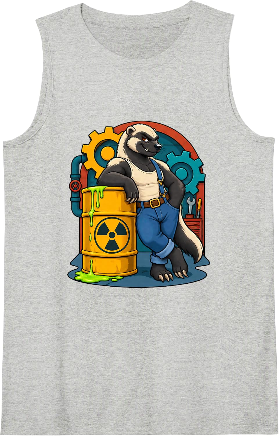 Honey Badger Leans Against Radioactive Comic Barrel Sleeveless Tank Top - Heather Grey