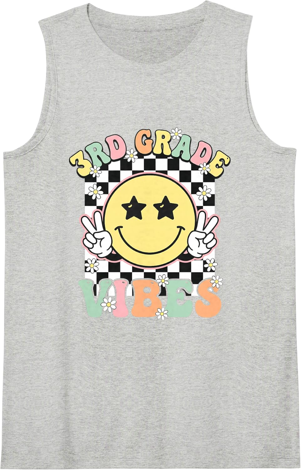 3RD Grade Vibes Back to School Retro Face Girls Sleeveless Tank Top - Heather Grey