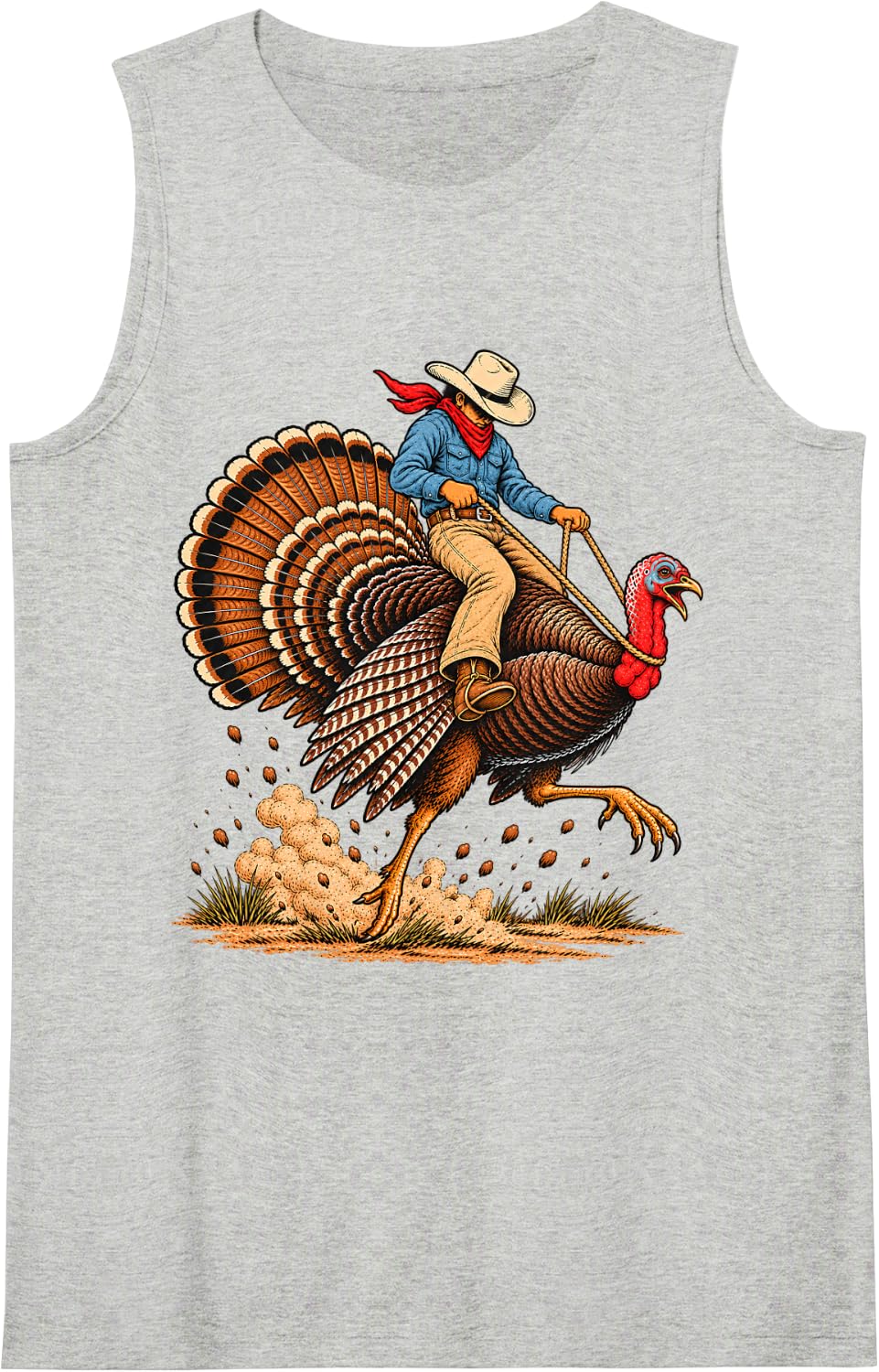 Cowboy Riding Turkey Vintage Western Thanksgiving Rodeo Sleeveless Tank Top - Heather Grey