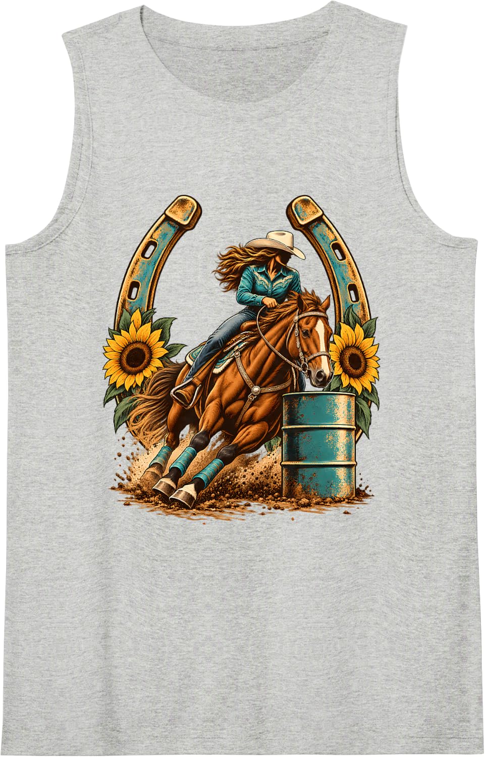 Barrel Racing Cowgirl Sunflower Horseshoe Western Rodeo Sleeveless Tank Top - Heather Grey