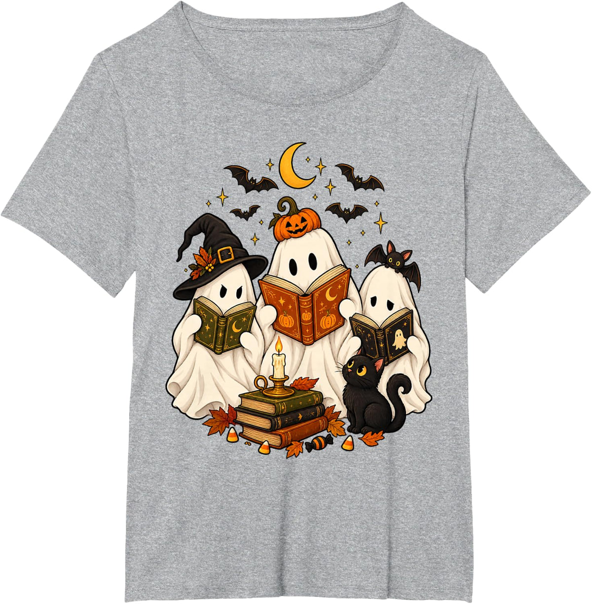 Funny Three Ghost Reading Books Black Cat Bookworm Librarian T-Shirt - Heather Grey
