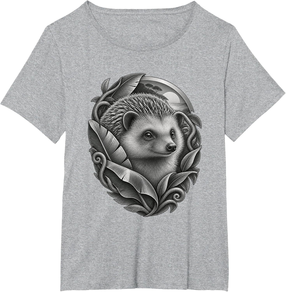 Hedgehog with Botanical Leaves and Circular Landscape T-Shirt - Heather Grey