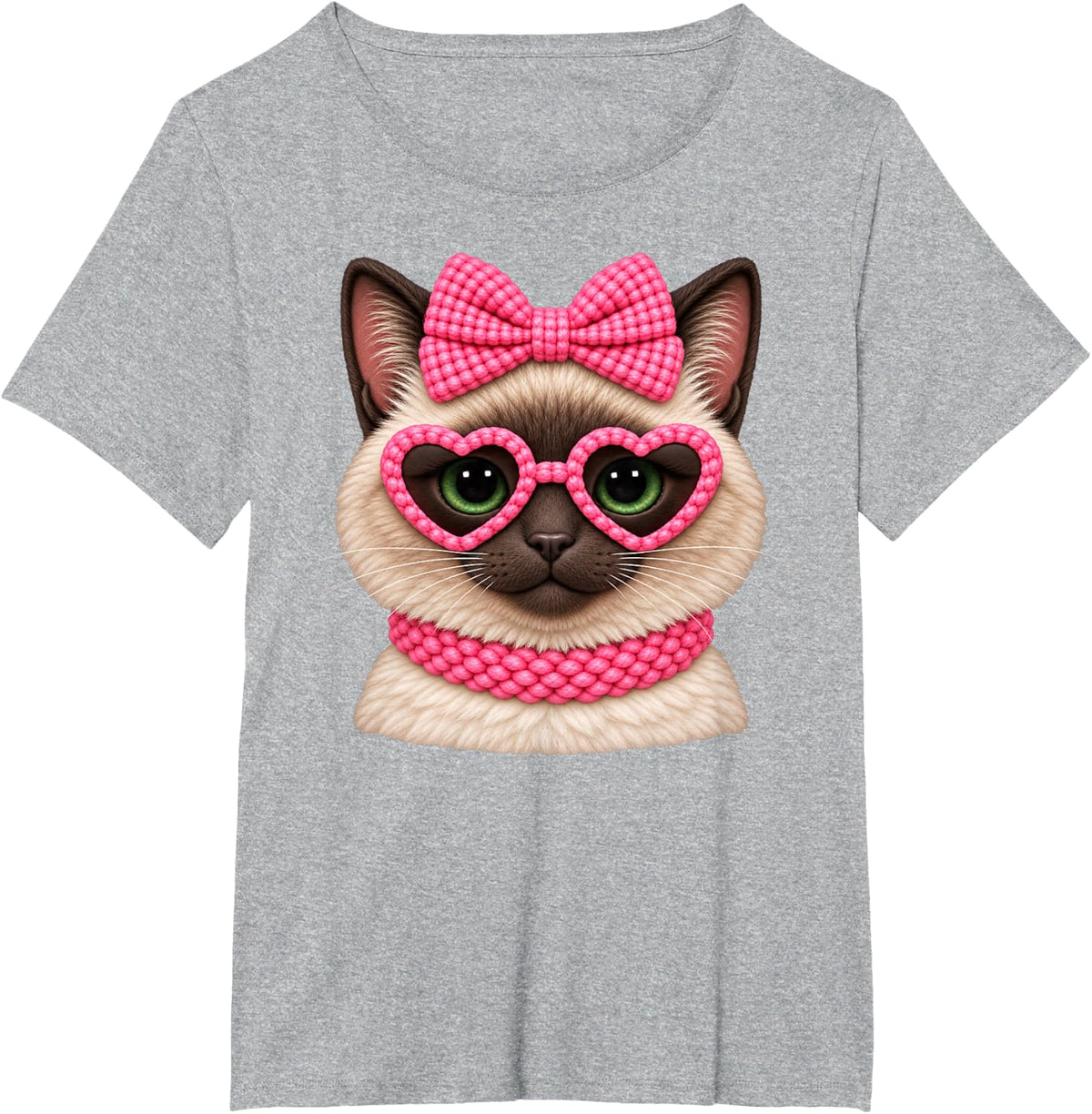Siamese Cat Pink Bow Heart Sunglasses Cute Feline Love T-Shirt - Heather Grey