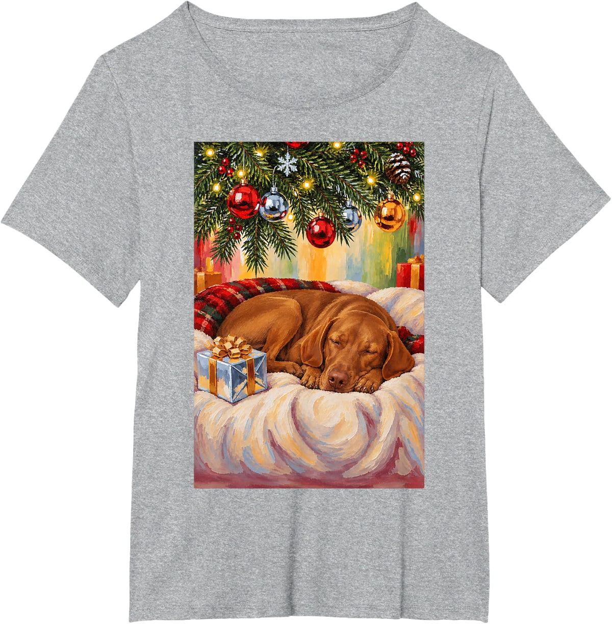 Funny Vizsla Dog Sleeping Christmas Tree T-Shirt - Heather Grey