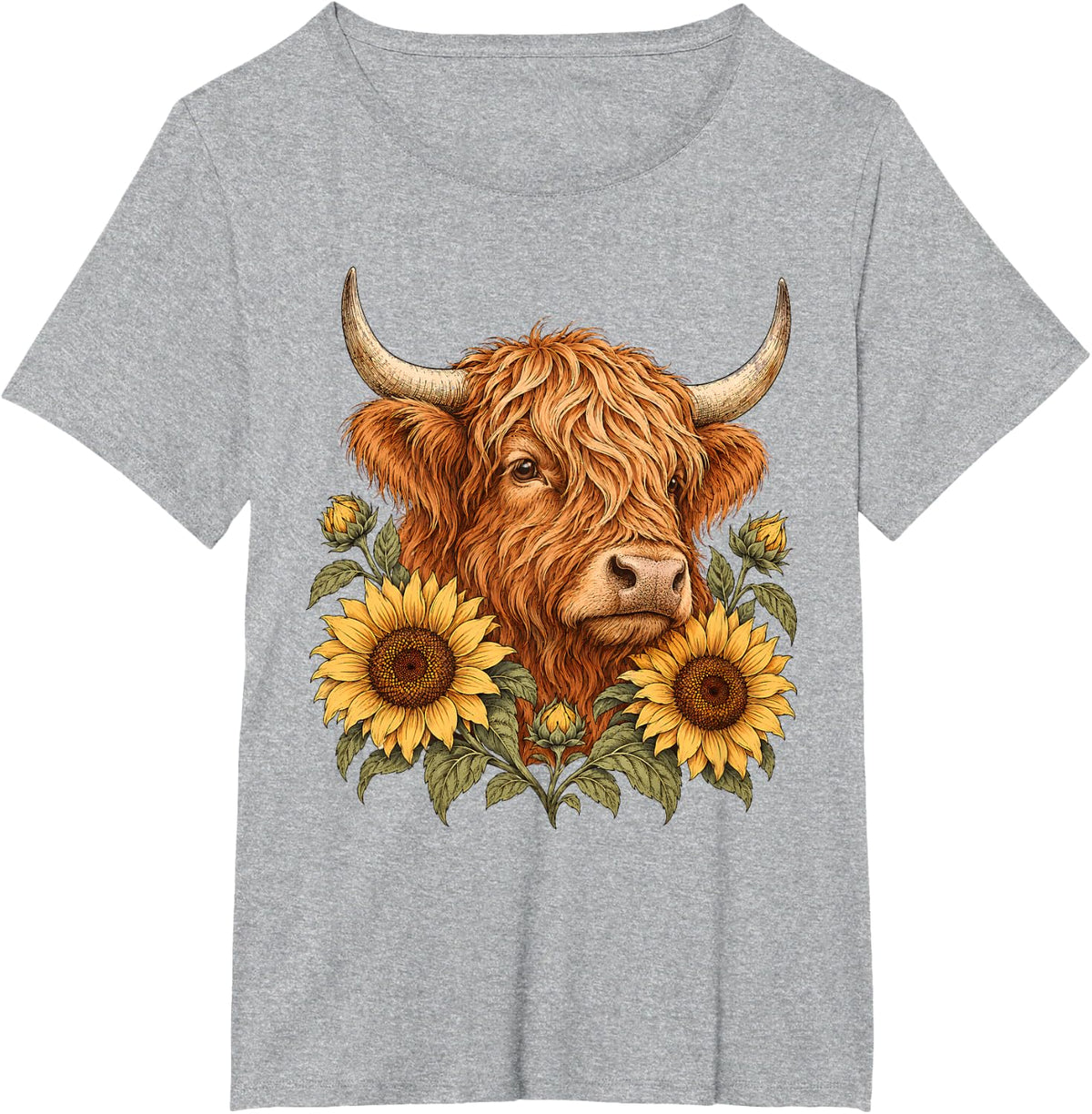 Highland Cow Sunflower, Floral Cow Lover Girls Women T-Shirt - Heather Grey