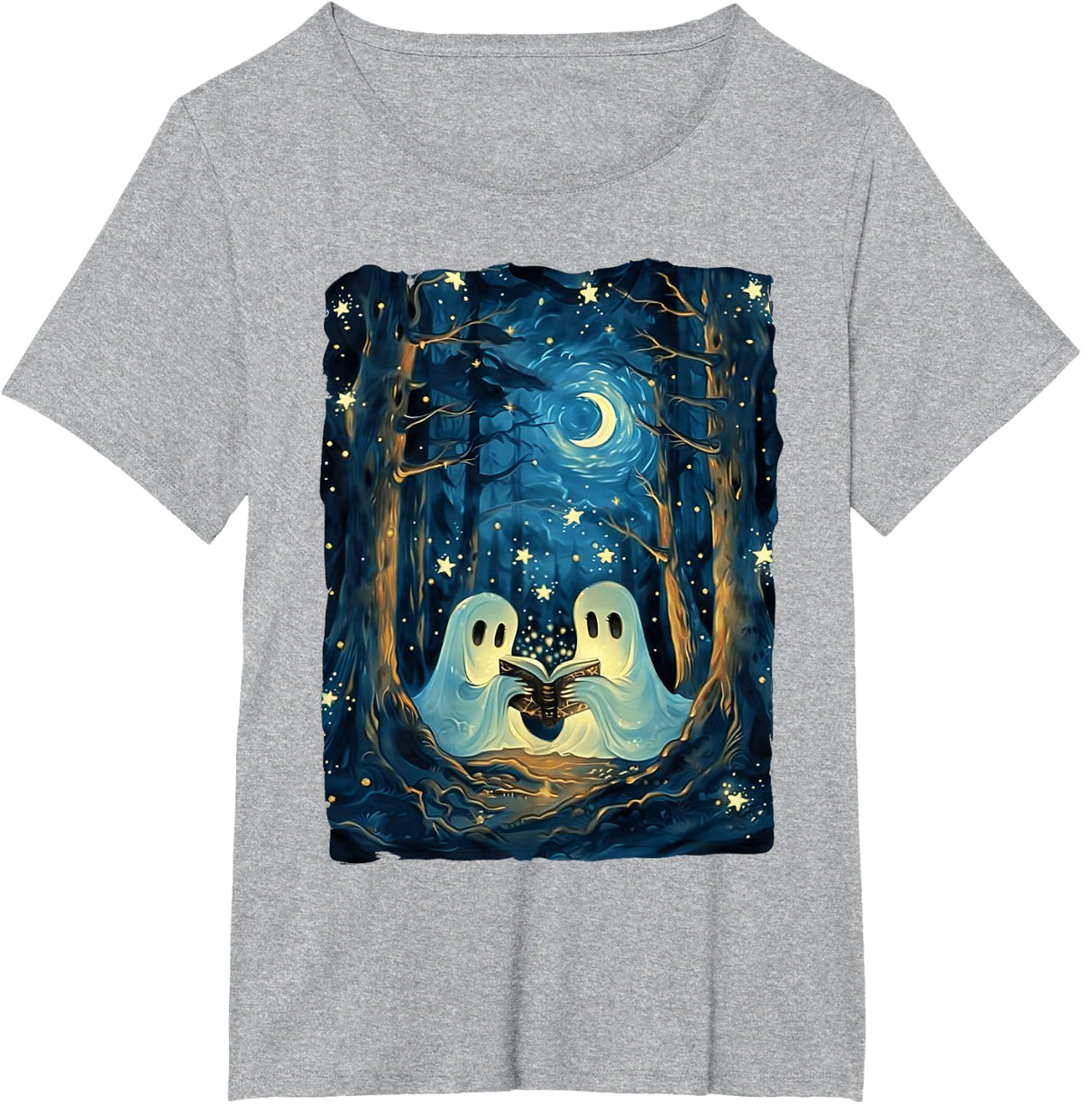 Starry Night Ghost Book Reading Camping Halloween Van Gogh T-Shirt - Heather Grey