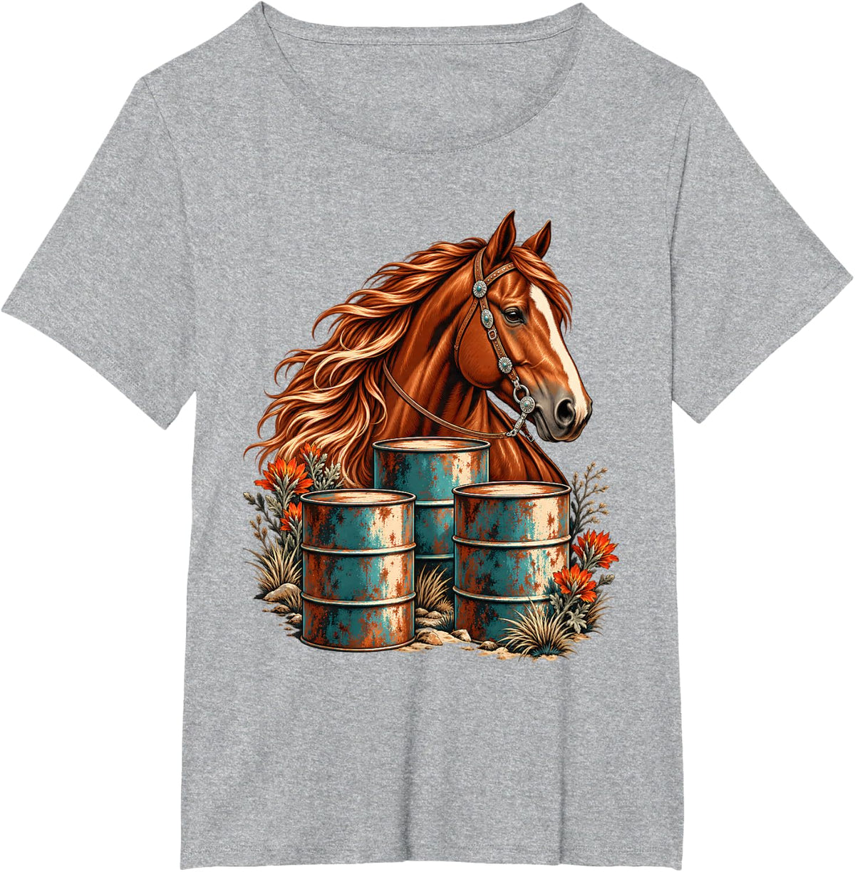 Barrel Racing Horse Three Barrels Western Equestrian Rodeo T-Shirt - Heather Grey