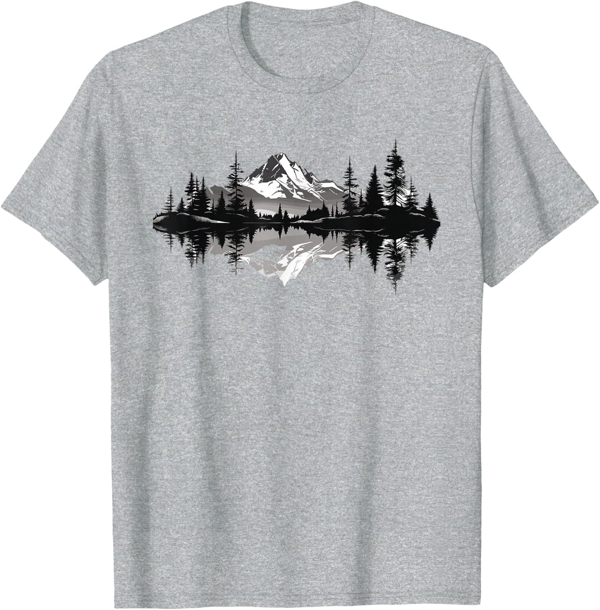 Mountain Landscape Reflection Nature T-Shirt Tee Forest Trees Wildlife Outdoor Shirts for Men Women - Heather Grey