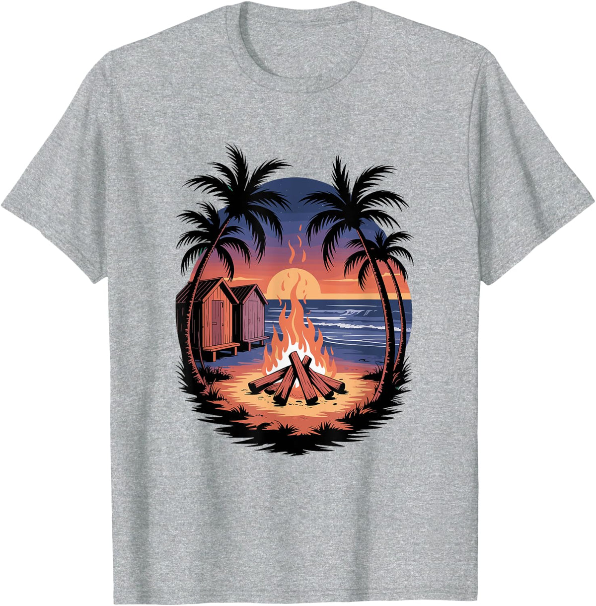 Beach Bonfire Sunset Ocean Palms Cabin Tropical Night Art T-Shirt - Heather Grey