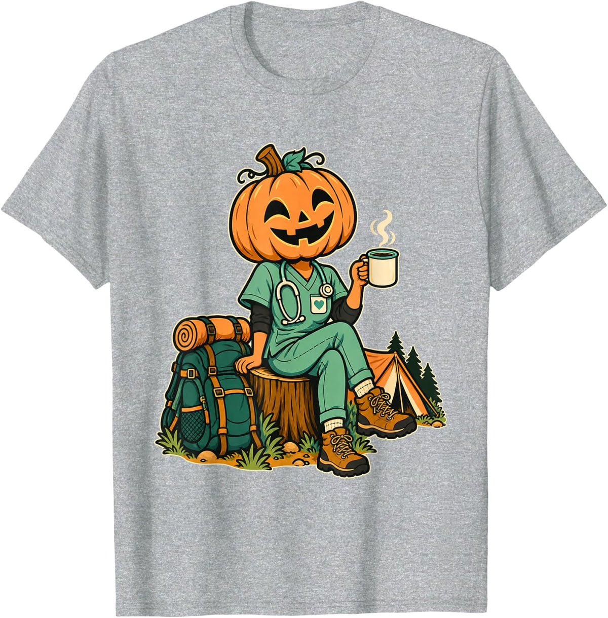 Pumpkin Doctor with Coffee Camping Halloween for Nurses T-Shirt - Heather Grey