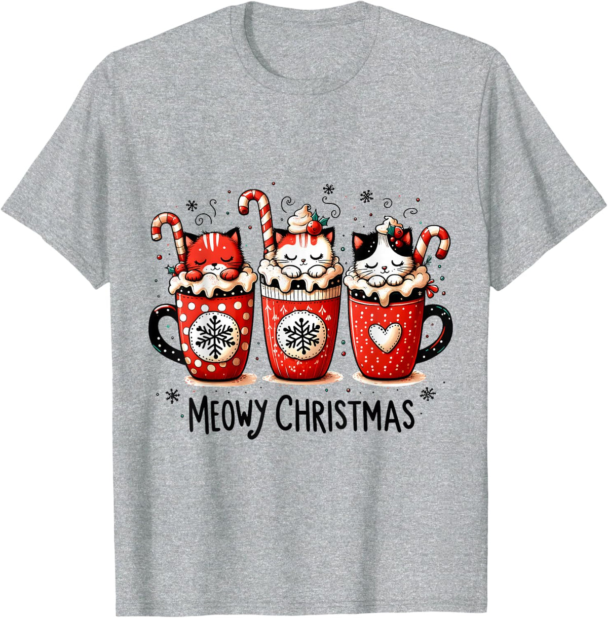 Meowy Christmas Cute Cats and Coffee Merry Xmas Graphic T-Shirt - Heather Grey