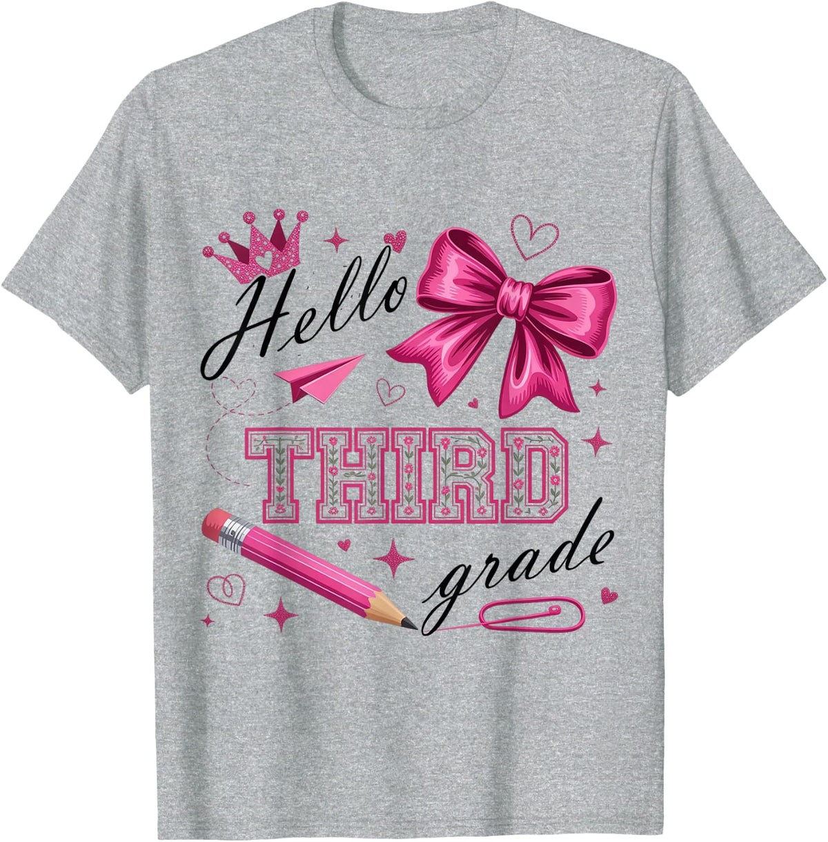Hello 3rd Grade Girls Teacher Coquette Bow Back to School T-Shirt Tee - Heather Grey