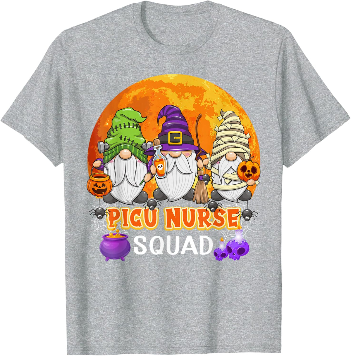 PICU Nurse Squad Halloween Pediatric ICU Gnome Matching T-Shirt - Heather Grey