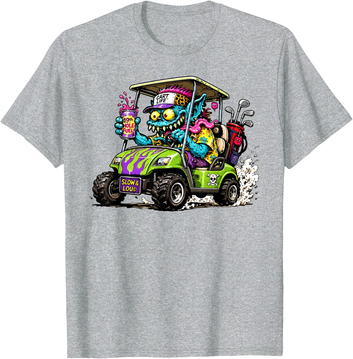 Funny and Wild Golf Cart Hotrod Golf Car Cartoon T-Shirt - Heather Grey