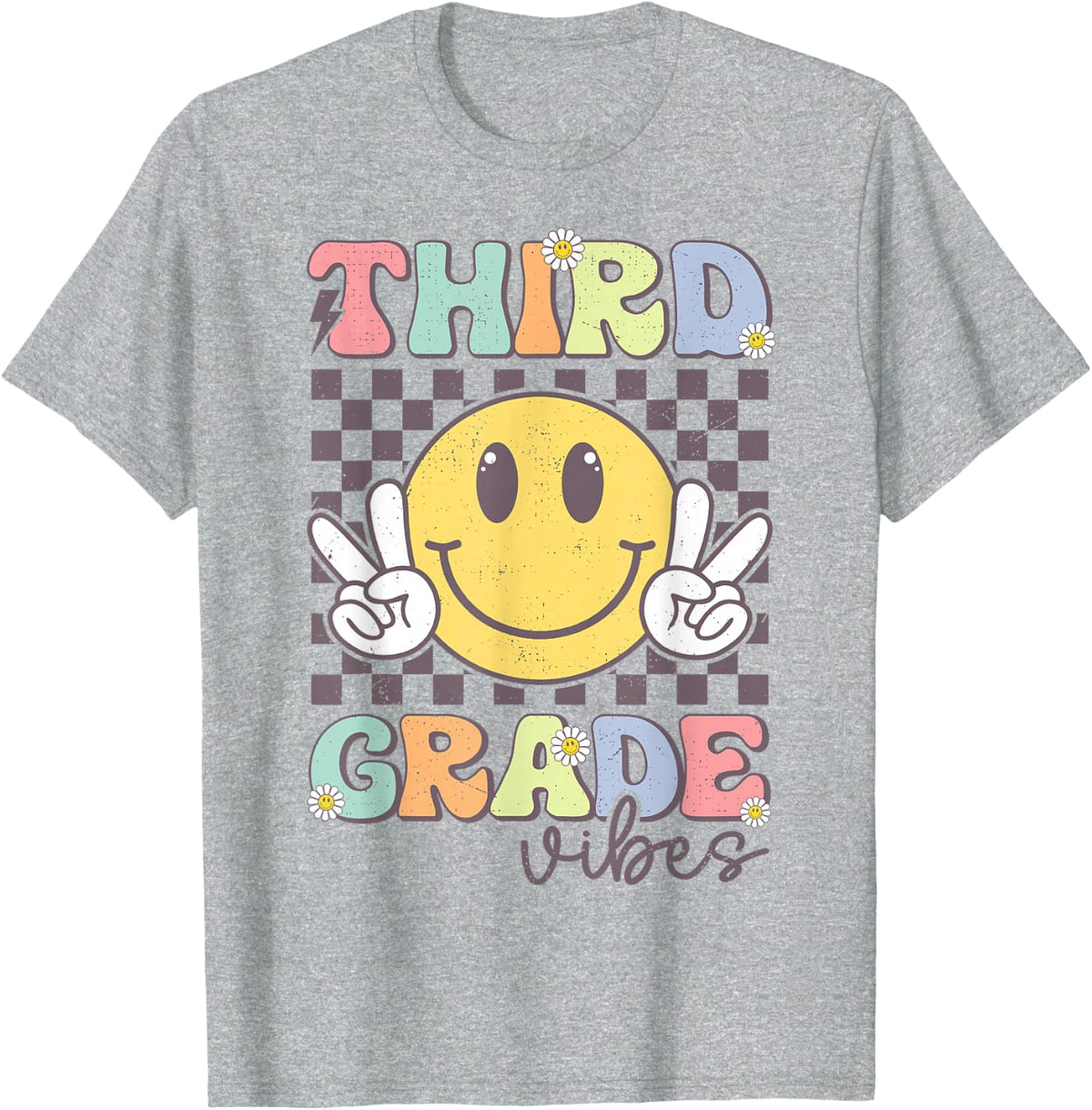 Third Grade Vibes Smile Face 3rd Grade Team T-Shirt Back To School Tee - Heather Grey