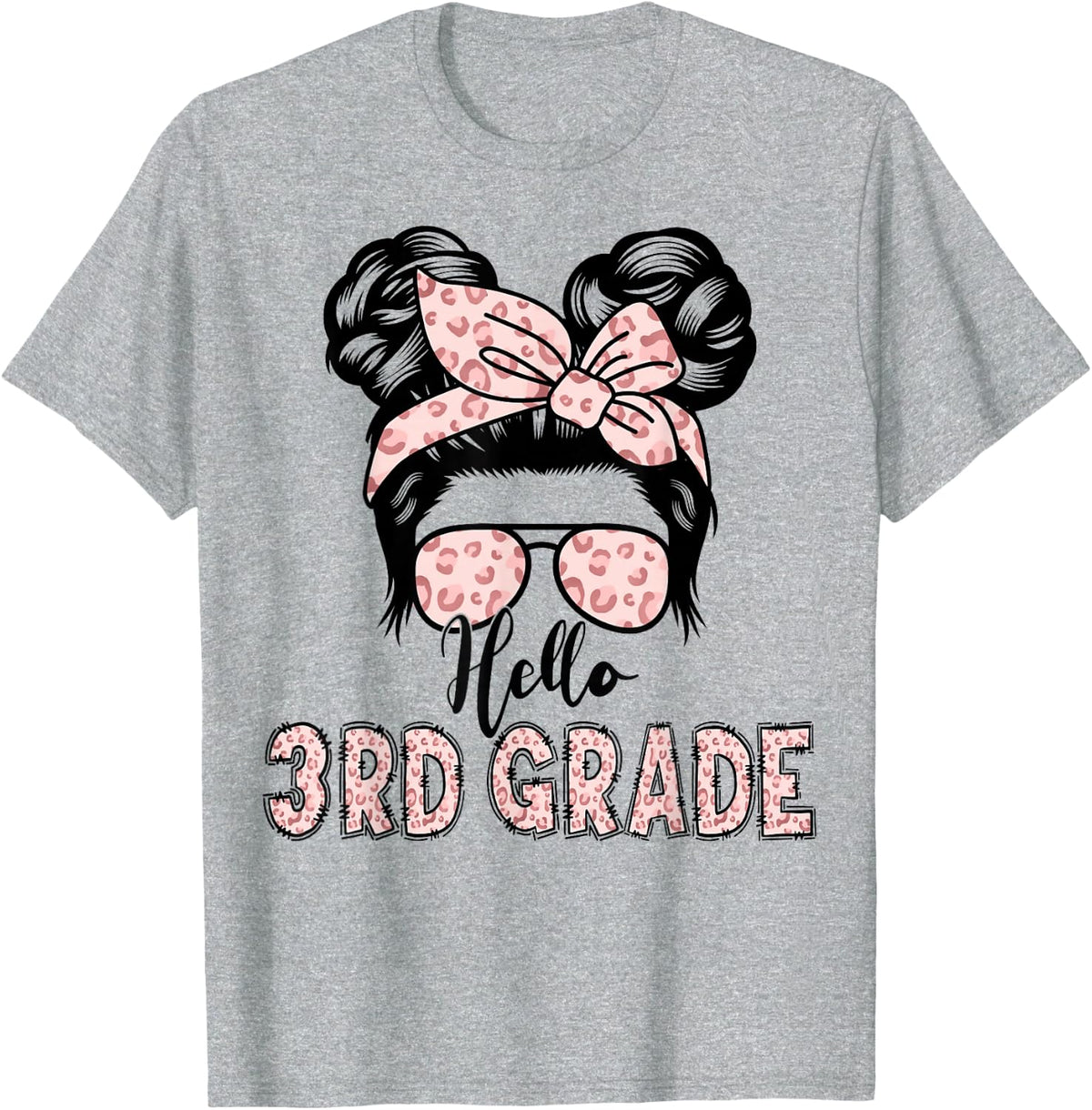Hello 3rd Grade Messy Hair Bun Girl Back to School First Day T-Shirt Tee for Girls - Heather Grey