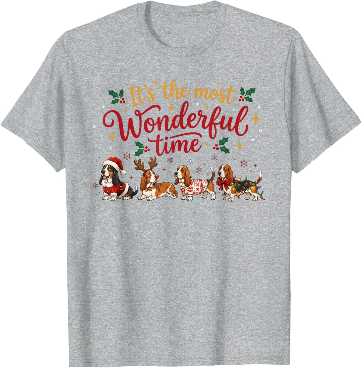 Funny Basset Hound Christmas Dog Lovers Holiday T-Shirt - Heather Grey