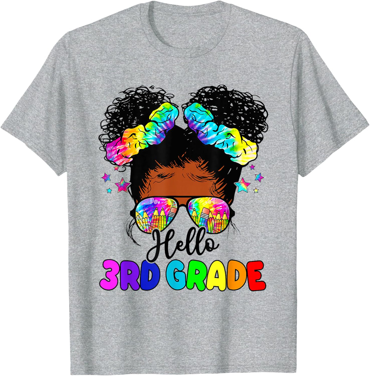 Hello 3rd Grade Black Messy Bun Girls Kids Back To School T-Shirt - Heather Grey