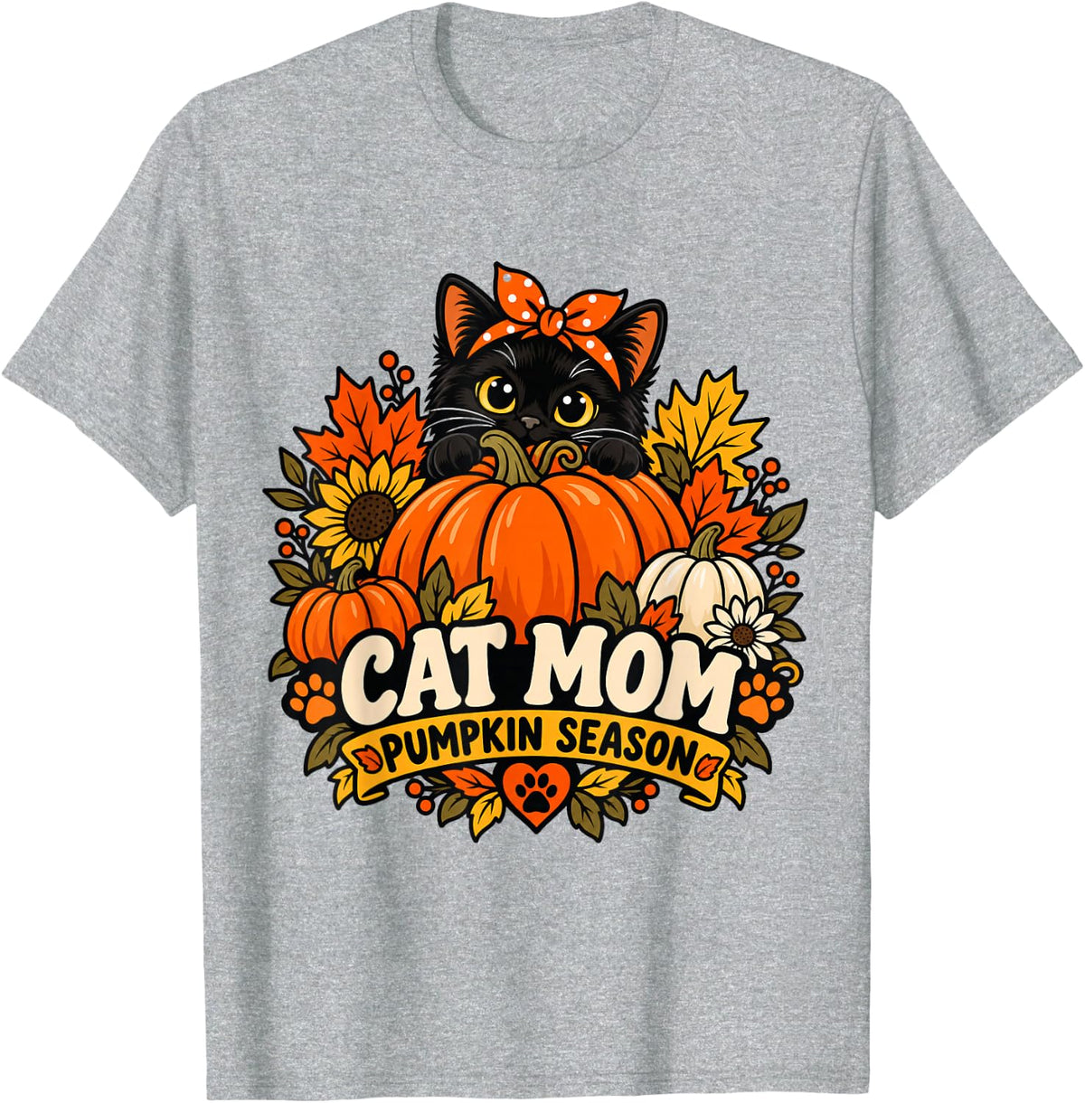 Cat Mom Pumpkin Season Kitten Sunflower Fall T-Shirt - Heather Grey